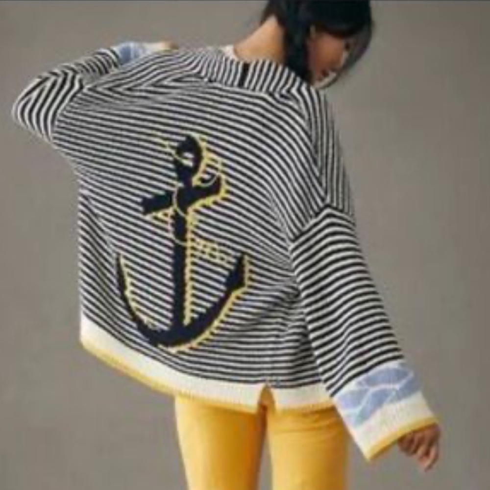 Anthro Maeve Portside cardigan navy & white stripe Anchor motif NEW NWT nautical